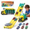 Race Track Truck Toys for 3 4 5 6 Years Old Kids - Carrier Truck Transport Car with 6 Die-Cast Cars Toys, 4-In-1 Truck with 2 Foldable Race Tracks, Christmas Birthday Gifts Toy for Toddler Boys,Yellow view 1