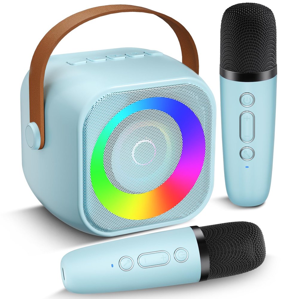 Mini Karaoke Machine, Portable Bluetooth Speaker with 2 Wireless Microphones for Kids & Adults, Karaoke Microphone with LED Lights, Gifts for Girls & Boys_Blue