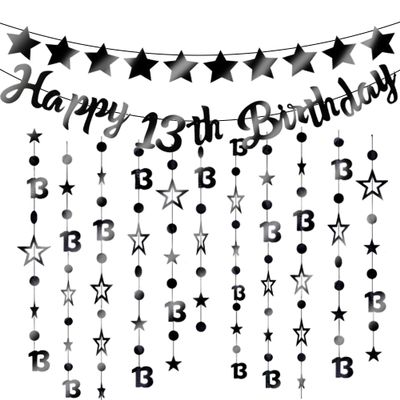 13th Birthday Decorations Banner Boys - 3 Pcs Balck Official Teenager Party Banner Glitter Twinkle Hanging Streamer for Boy Girls 13 Years Old Party Decor