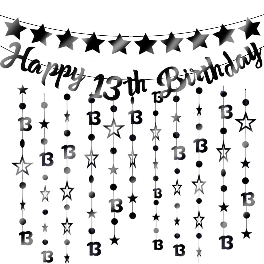 13th Birthday Decorations Banner Boys - 3 Pcs Balck Official Teenager Party Banner Glitter Twinkle Hanging Streamer for Boy Girls 13 Years Old Party Decor