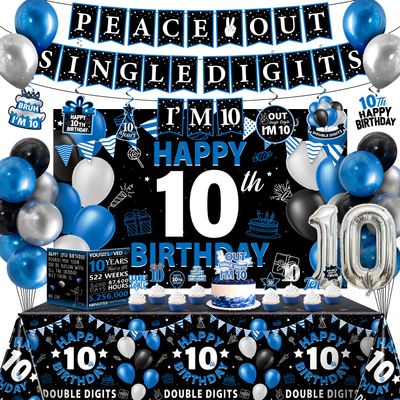 10th Birthday Decorations for Boys, 38Pcs 10 Birthday Boy Decorations Peace Out Single Digits Banner Backdrop, Happy 10th Birthday Tablecloth, 10 Year Birthday Balloons Hanging Swirls Cake Toppers