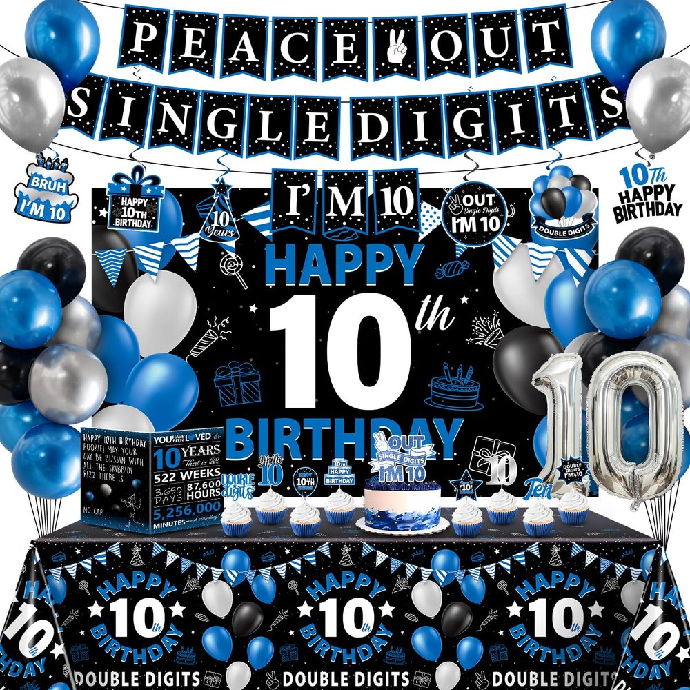 10th Birthday Decorations for Boys, 38Pcs 10 Birthday Boy Decorations Peace Out Single Digits Banner Backdrop, Happy 10th Birthday Tablecloth, 10 Year Birthday Balloons Hanging Swirls Cake Toppers
