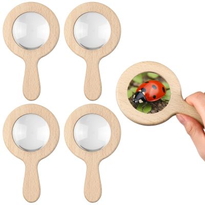 FairySandy Wooden Magnifying Glass Set of 4, Wood Natural Handheld Magnifier Wooden Learning Adventure Toy Reading Magnifier for Elderly, Outdoor Exploration, Reading, Crafts, Collectibles, 5 x 3 Inch