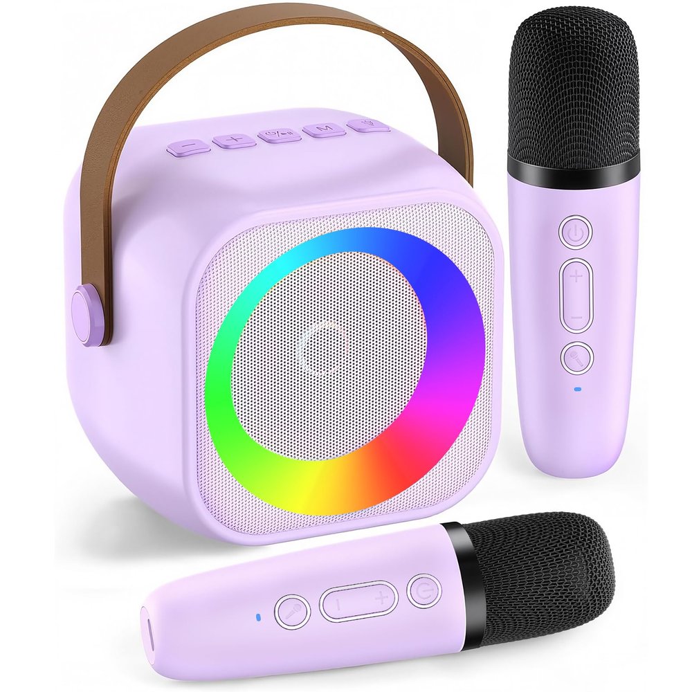 Mini Karaoke Machine, Portable Bluetooth Speaker with 2 Wireless Microphones for Kids & Adults, Karaoke Microphone with LED Lights, Gifts for Girls & Boys_Purple