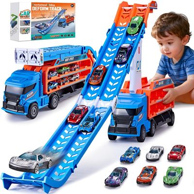 Race Track Truck Toys for 3 4 5 6 Years Old Kids - Carrier Truck Transport Car with 6 Die-Cast Cars Toys, 4-in-1 Truck with 2 Foldable Race Tracks, Christmas Birthday Gifts Toy for Toddler Boys, Blue