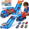 Race Track Truck Toys for 3 4 5 6 Years Old Kids - Carrier Truck Transport Car with 6 Die-Cast Cars Toys, 4-in-1 Truck with 2 Foldable Race Tracks, Christmas Birthday Gifts Toy for Toddler Boys, Blue view 1