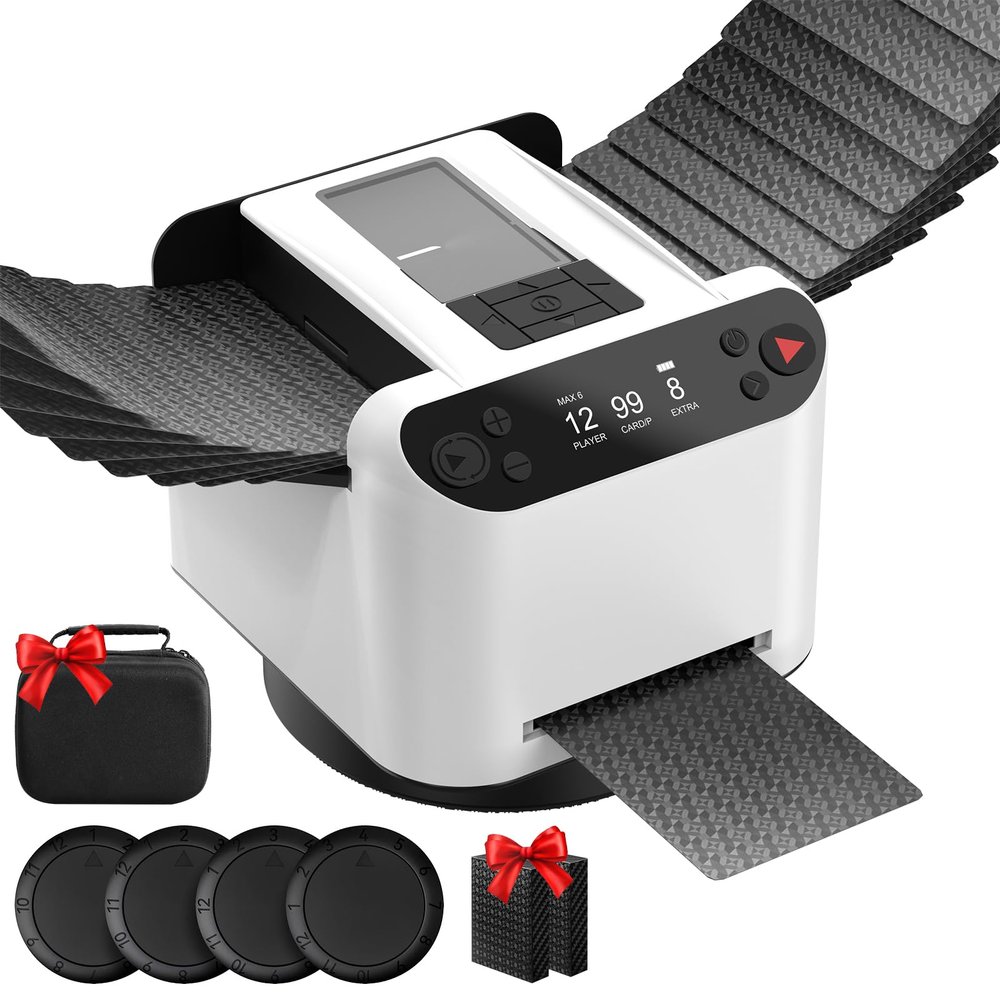 2025 New Automatic Card Shuffler and Dealer,3-in-1 Card Shuffler Machine with 4 Drawing Remotes&Bag&Poker,2 Decks Support 12 Players,360/180 Deal,Rechargeable,for UNO,Phase 10,Skip-Bo,Texas Hold'em