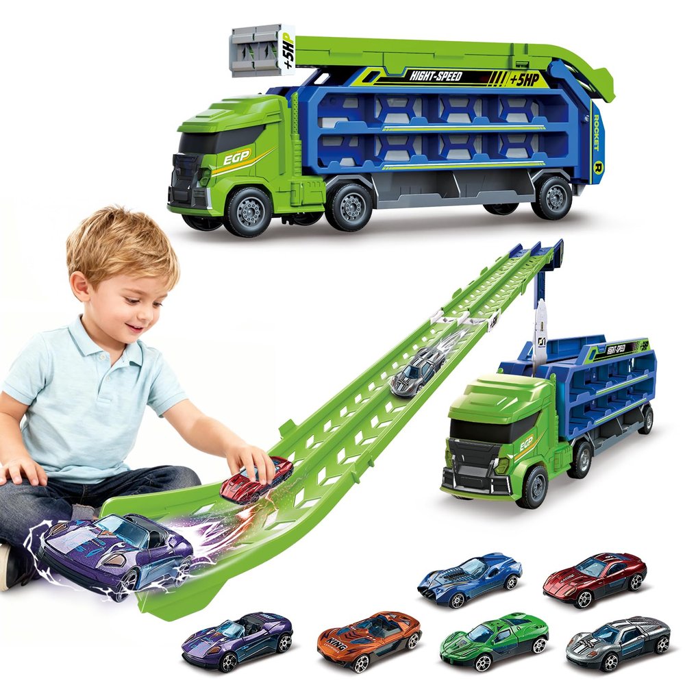 Race Track Truck Toys for 3 4 5 6 Years Old Kids - Carrier Truck Transport Car with 6 Die-Cast Cars Toys, 4-In-1 Truck with 2 Foldable Race Tracks, Christmas Birthday Gifts Toy for Toddler Boys, Green