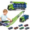 Race Track Truck Toys for 3 4 5 6 Years Old Kids - Carrier Truck Transport Car with 6 Die-Cast Cars Toys, 4-In-1 Truck with 2 Foldable Race Tracks, Christmas Birthday Gifts Toy for Toddler Boys, Green view 1