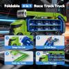 Race Track Truck Toys for 3 4 5 6 Years Old Kids - Carrier Truck Transport Car with 6 Die-Cast Cars Toys, 4-In-1 Truck with 2 Foldable Race Tracks, Christmas Birthday Gifts Toy for Toddler Boys, Green view 3