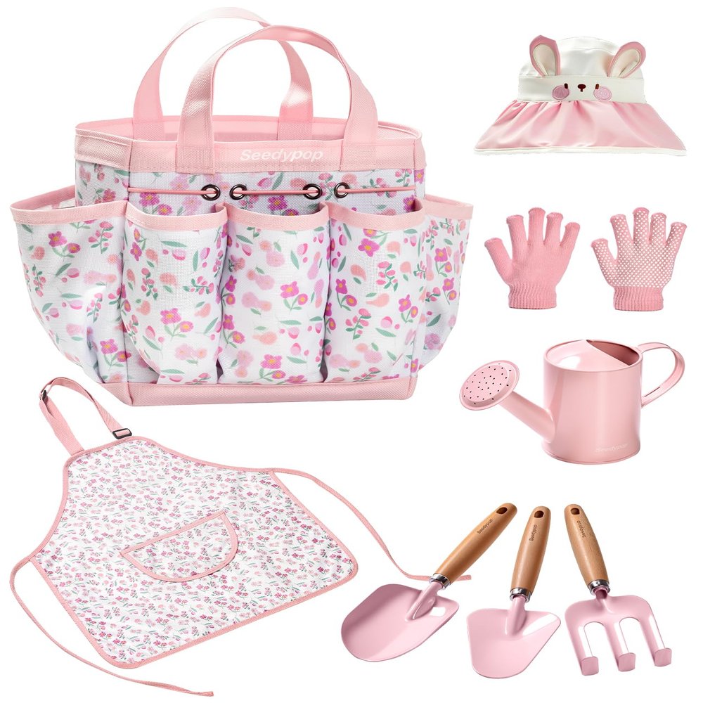 Seedypop Kids Gardening Tool Set Toys - 8 Pieces Quality Garden Kit for Toddlers & Kids with Shovels, Rake, Watering Can, Hat, Apron, Gloves & Storage Bag (Pink Flower)