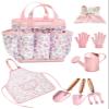 Seedypop Kids Gardening Tool Set Toys - 8 Pieces Quality Garden Kit for Toddlers & Kids with Shovels, Rake, Watering Can, Hat, Apron, Gloves & Storage Bag (Pink Flower) view 1
