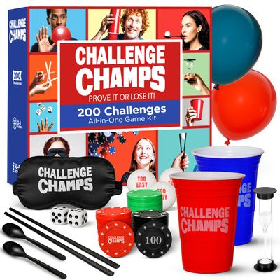 Challenge Champs Action Party Game  200 Skill Challenges for Team Building, Family Game Night | Complete Set for Adults, Teens, Kids 8+ with 10+ Accessories | Competitive Group Activity