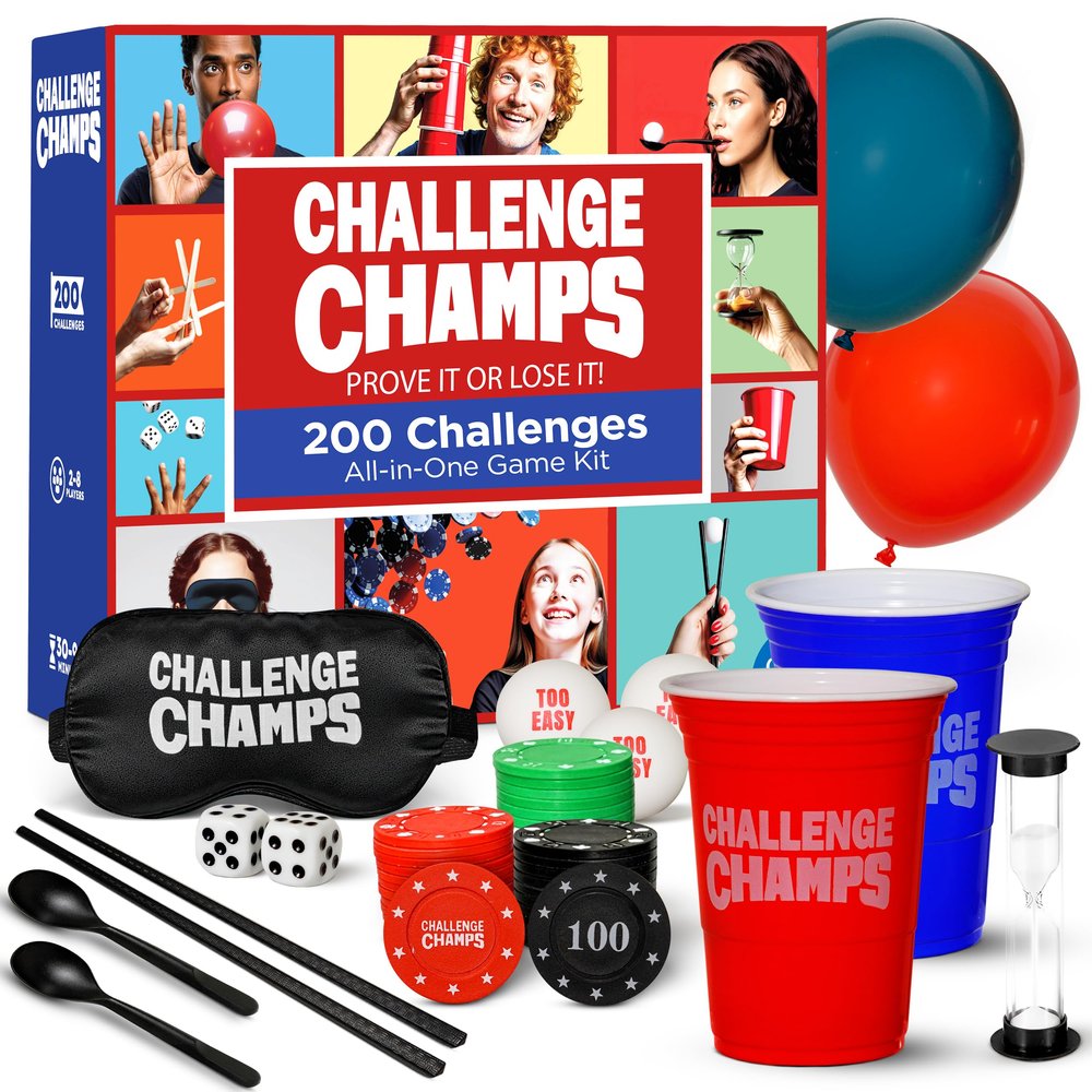 Challenge Champs Action Party Game  200 Skill Challenges for Team Building, Family Game Night | Complete Set for Adults, Teens, Kids 8+ with 10+ Accessories | Competitive Group Activity