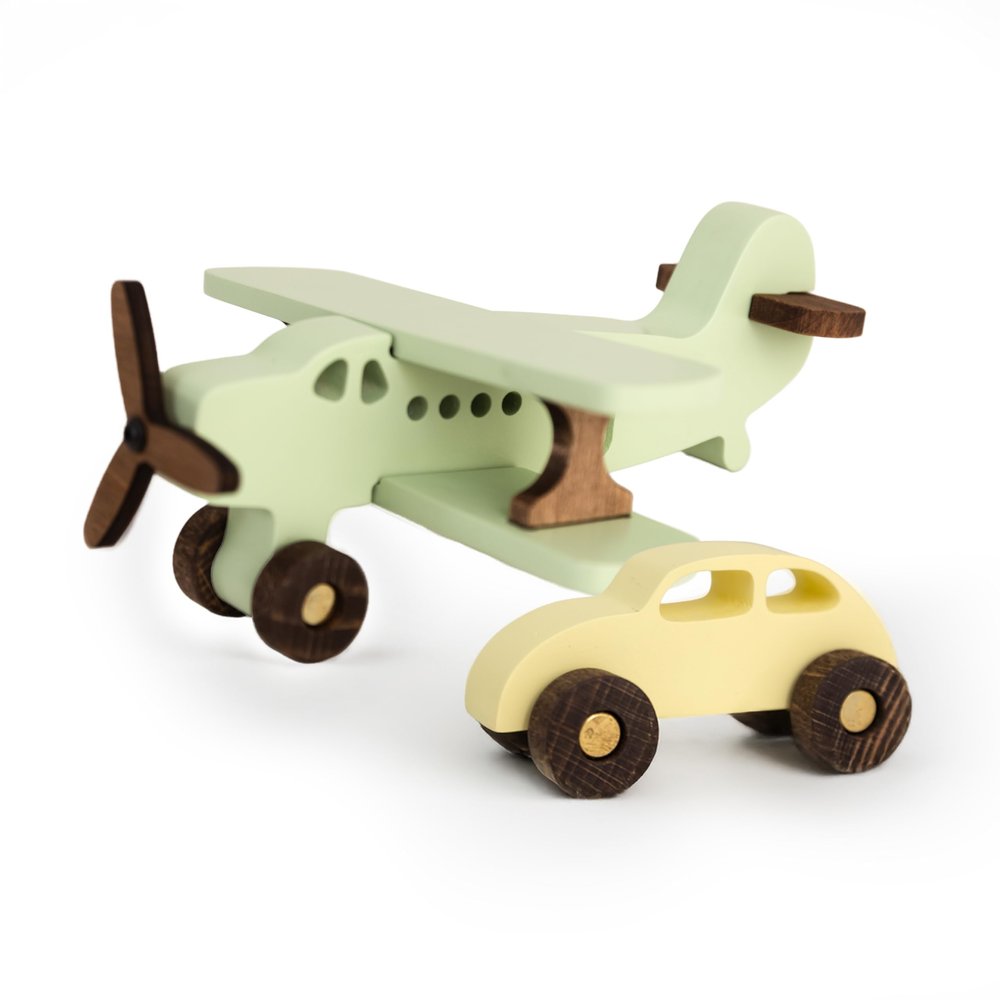 Busy Puzzle Colorful Wooden Airplane and Car Set  Solid Wood Push Toys for Toddlers, Spinning Propeller, Montessori Vehicle Toys, Gift-Ready Box