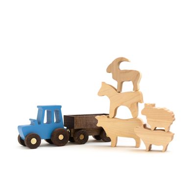 BUSY PUZZLE Wooden Tractor Toy with Trailer and Farm Animals, Natural Solid Wood Push Vehicle for Toddlers, Birthday Gift, Montessori Farm Play Set