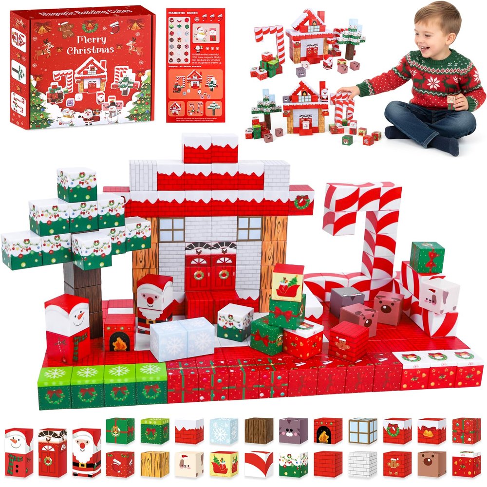 200PCS Large Christmas Magnetic Building Blocks, Xmas Magnets Cubes Set Gift for Kids Boys Girls Christmas Birthday Gifts, STEM Montessori Sensory Building Toys for Preschool Learning Activities