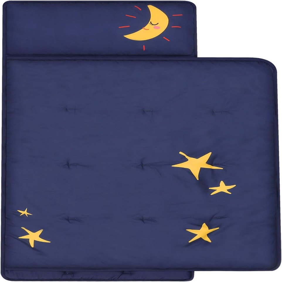 BESSLEE Luxury Padded Toddler Kid Nap Mat with Removable Pillow and Thick Comforter Blanket, Daycare Preschool Approved Silky Soft Warm Portable Sleeping Bag, 2-4 Years, Navy Stars Moons