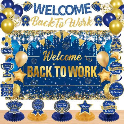 27pcs Welcome Back to Work Decorations Office Blue Gold Welcome Back to Work Banner Backdrop Balloons Table Centerpieces Hanging Swirls for Back to Work Office Anniversary Decorations Supplies