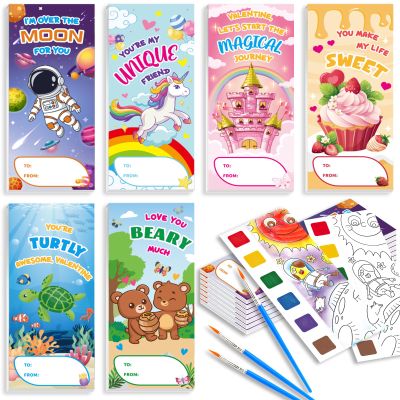 24 Pack Kids Valentines Day Cards with Watercolor Coloring Books, Valentines Day Cards for Kids School, Valentine's Day Gifts for Kid Classroom Exchange, Valentine's Party Favors Prizes for Boys Girls
