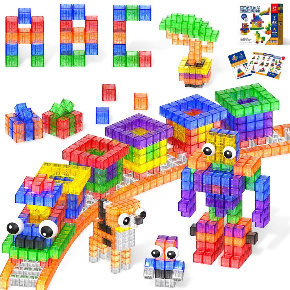 Goody King 56pcs Magnetic Blocks with Toy Eyes,1in Large Magnetic Building Blocks For Toddlers,STEM Montessori Sensory Preschool Educational Toys For Boys And Girls Aged 3+Christmas,And Birthday Gifts