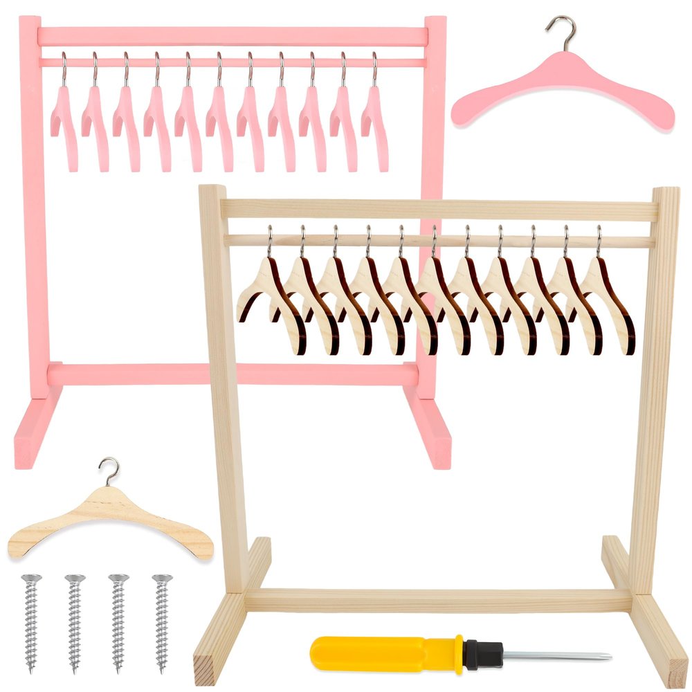 26 Pcs Wood Doll Garment Rack with Wooden Clothes Hanger Mini Wooden Girl Doll Clothes Hanger Organizer Storage Shelf for 18 Inch Girl Doll Clothes Baby Dollhouse (Color Set 2)