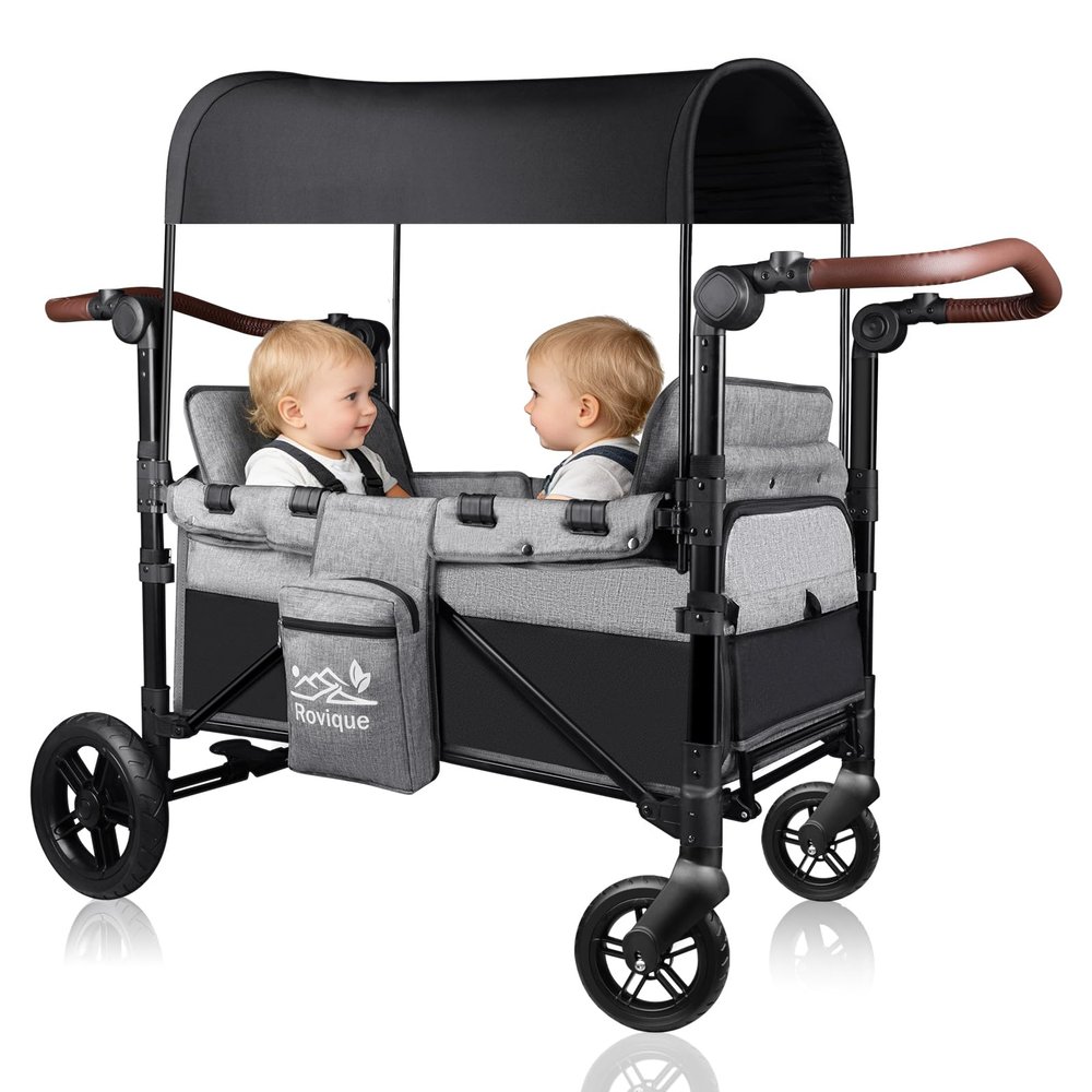Wagon Stroller for 2 Kids, All-Terrain Stroller Wagon with Extra Long Extender, Aluminum Foldable Baby Wagon with Convertible Seats, Removable Canopy, Snack Tray, Adjustable Push/Pull Handle