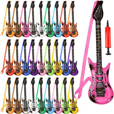 28 Pack 37.4 inch Inflatable Guitar with Strap Blow Up Guitars with 1 Red Air Pump Rock Star Toys for Kids Birthday Rock and Roll Party Photo Booth Props