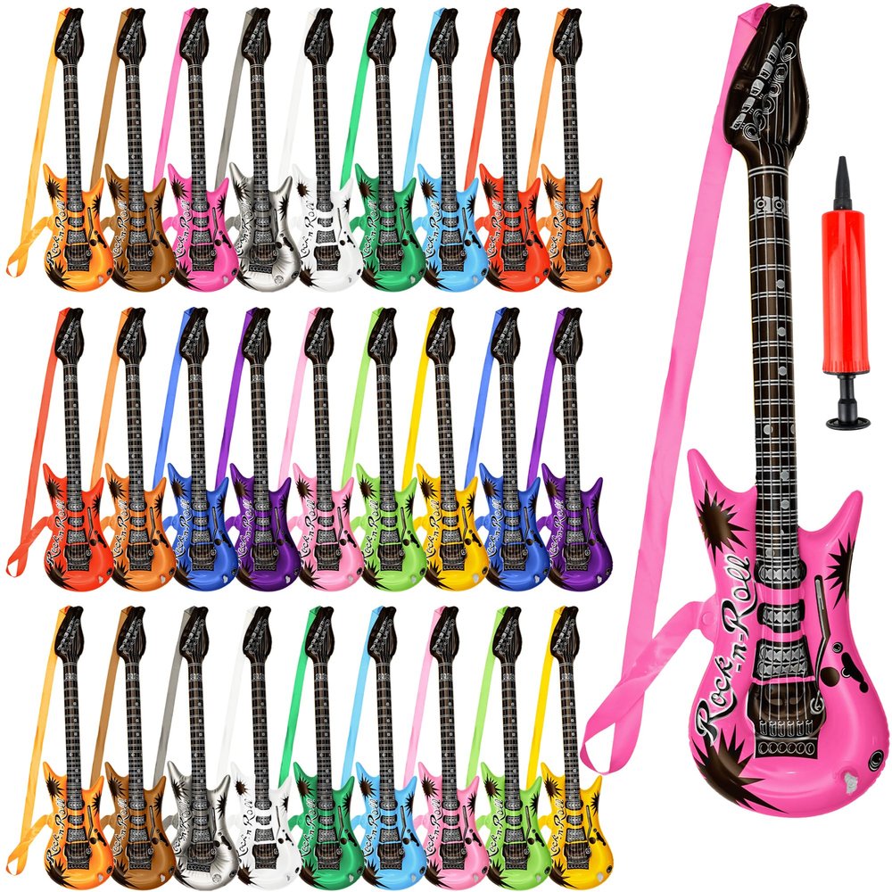 28 Pack 37.4 inch Inflatable Guitar with Strap Blow Up Guitars with 1 Red Air Pump Rock Star Toys for Kids Birthday Rock and Roll Party Photo Booth Props