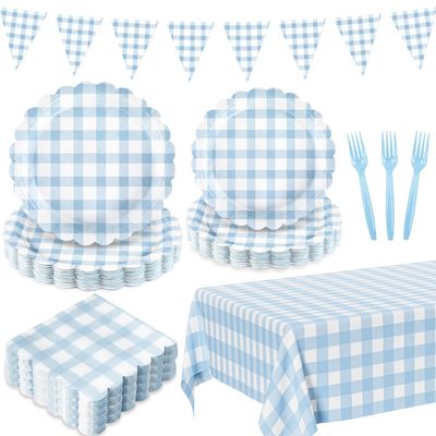 102 PCS Light Blue Gingham Party Supplies - Scalloped Plates, Napkins, Cups, Forks, Banner, Tablecloth for Baby Shower, Wedding, Birthday, Serves 25