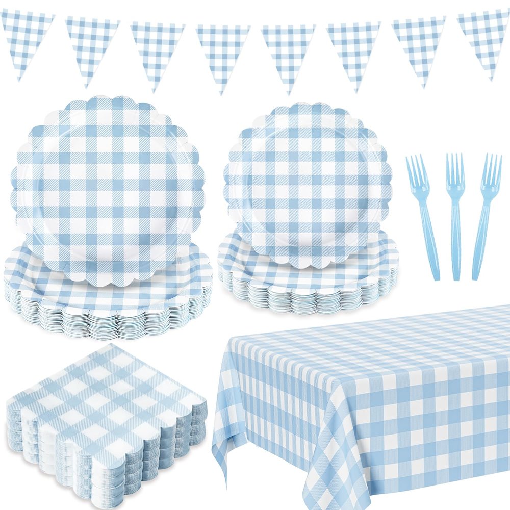 102 PCS Light Blue Gingham Party Supplies - Scalloped Plates, Napkins, Cups, Forks, Banner, Tablecloth for Baby Shower, Wedding, Birthday, Serves 25