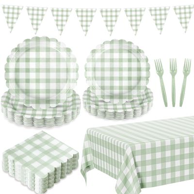 102 PCS Sage Green Gingham Party Supplies - Scalloped Plates, Napkins, Cups, Forks, Banner, Gingham Tablecloth for Baby Shower, Wedding, Birthday, Serves 25