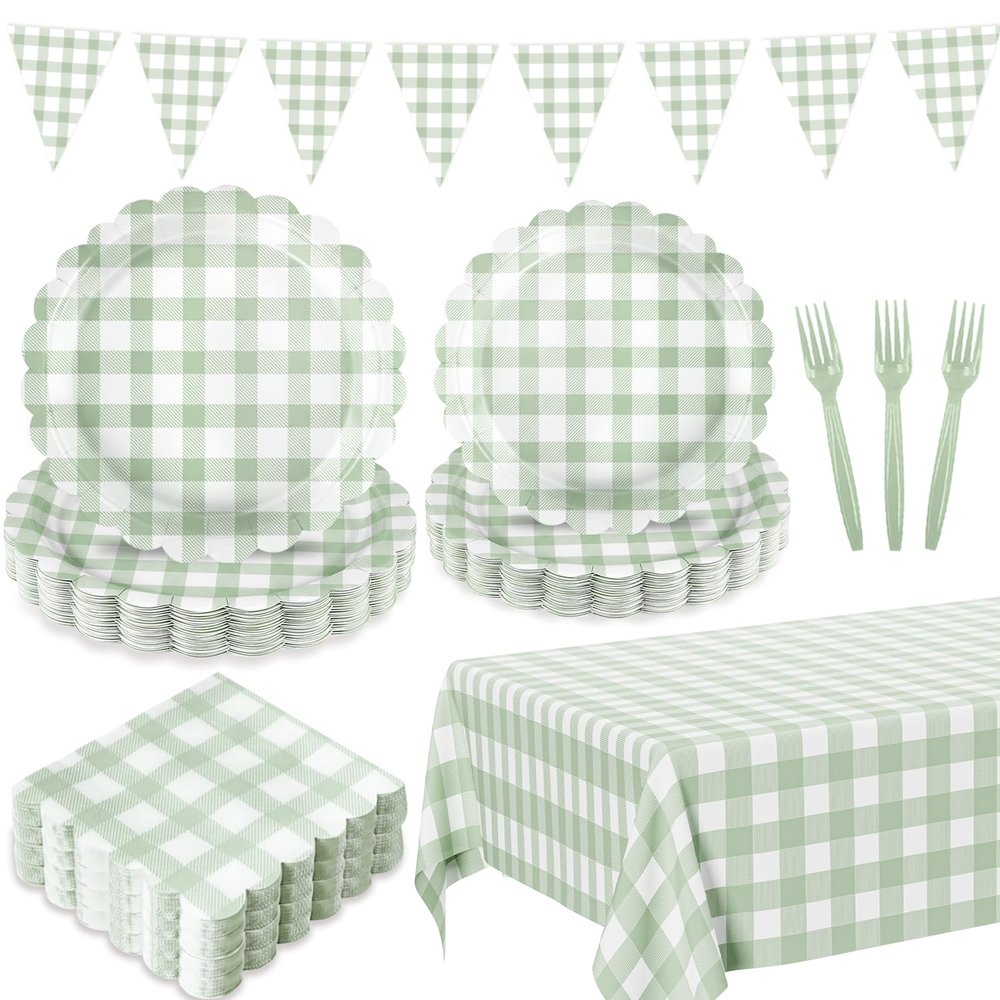 102 PCS Sage Green Gingham Party Supplies - Scalloped Plates, Napkins, Cups, Forks, Banner, Gingham Tablecloth for Baby Shower, Wedding, Birthday, Serves 25