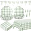 102 PCS Sage Green Gingham Party Supplies - Scalloped Plates, Napkins, Cups, Forks, Banner, Gingham Tablecloth for Baby Shower, Wedding, Birthday, Serves 25 view 1