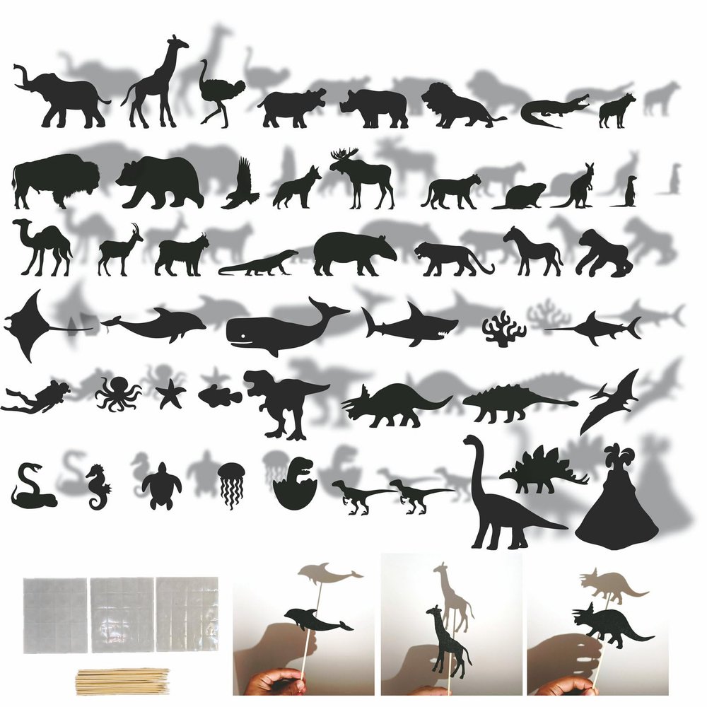 50-Piece Animal Shadow Puppet Theater Kit  Land, Ocean & Dinosaur Silhouette Felt Cutouts with Sticks  Educational Storytelling Toys for Kids, DIY Shadow Play & Classroom Activities