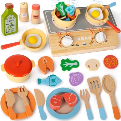 Wooden Play Kitchen Accessories Cooking Set, Kids Pots and Pans Playset with Storage Stove, Pretend Play Wooden Kitchen Toys for Toddlers, Gifts for 3 4 5 Years Old Girls Boys