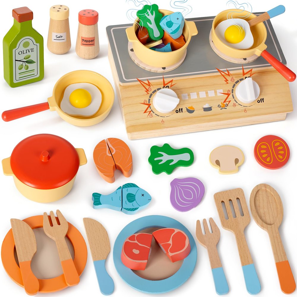 Wooden Play Kitchen Accessories Cooking Set, Kids Pots and Pans Playset with Storage Stove, Pretend Play Wooden Kitchen Toys for Toddlers, Gifts for 3 4 5 Years Old Girls Boys