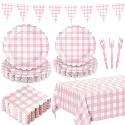 102 PCS Pink Gingham Party Supplies - Scalloped Plates, Napkins, Cups, Forks, Banner, Gingham Tablecloth for Baby Shower, Birthday, Pink Party Decorations, Serves 25