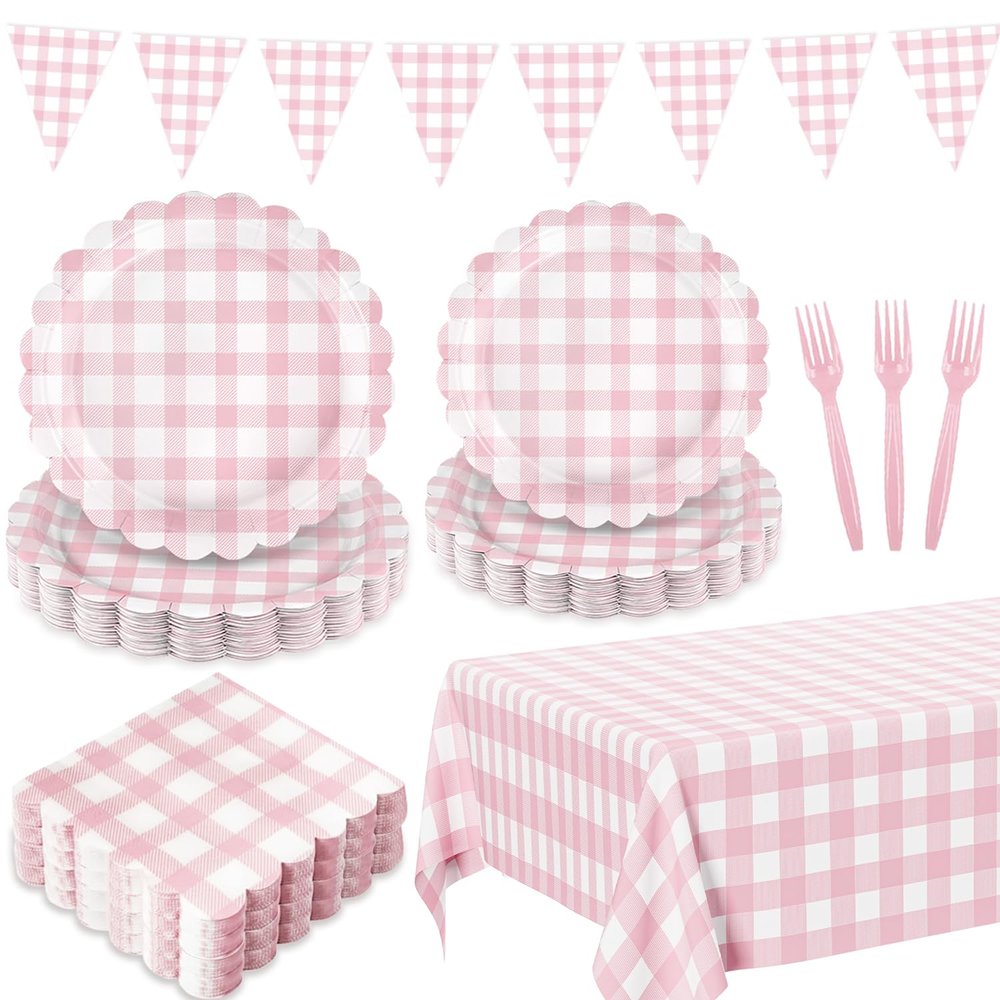 102 PCS Pink Gingham Party Supplies - Scalloped Plates, Napkins, Cups, Forks, Banner, Gingham Tablecloth for Baby Shower, Birthday, Pink Party Decorations, Serves 25