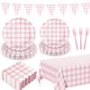 102 PCS Pink Gingham Party Supplies - Scalloped Plates, Napkins, Cups, Forks, Banner, Gingham Tablecloth for Baby Shower, Birthday, Pink Party Decorations, Serves 25 view 1