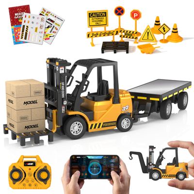 VWAHNANA 1/64 RC Forklift Toy, 3 in 1 Mini Forklift Remote Control & App Remote Control Forklift with Trailer & Fork & Hook, 10CH Alloy RC Construction Vehicles, Desktop Toy for Adults Kids Boys Gift