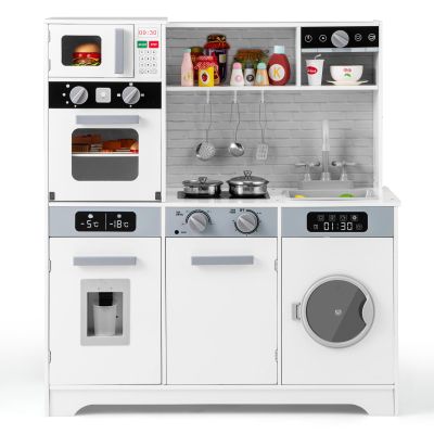 Costzon Kids Kitchen Playset, Wooden Toddler Play Set w/Real Lights & Sounds, Sink, Faucet, Water Dispenser, Microwave, Oven, Washing Machine, Little Chef Pretend Play Kitchen for Kids Ages 3+(White)