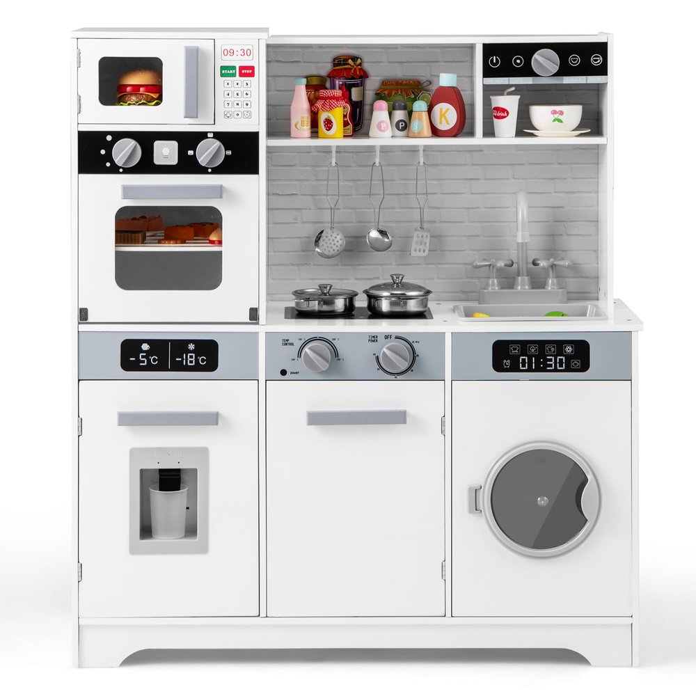 Costzon Kids Kitchen Playset, Wooden Toddler Play Set w/Real Lights & Sounds, Sink, Faucet, Water Dispenser, Microwave, Oven, Washing Machine, Little Chef Pretend Play Kitchen for Kids Ages 3+(White)