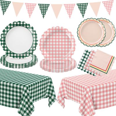 102 PCS Camp Bachelorette Decorations - Scalloped Gingham Plates, Napkins, Cups, Banner, Gingham Tablecloths for Baby Shower, Wedding, Birthday, Serves 25