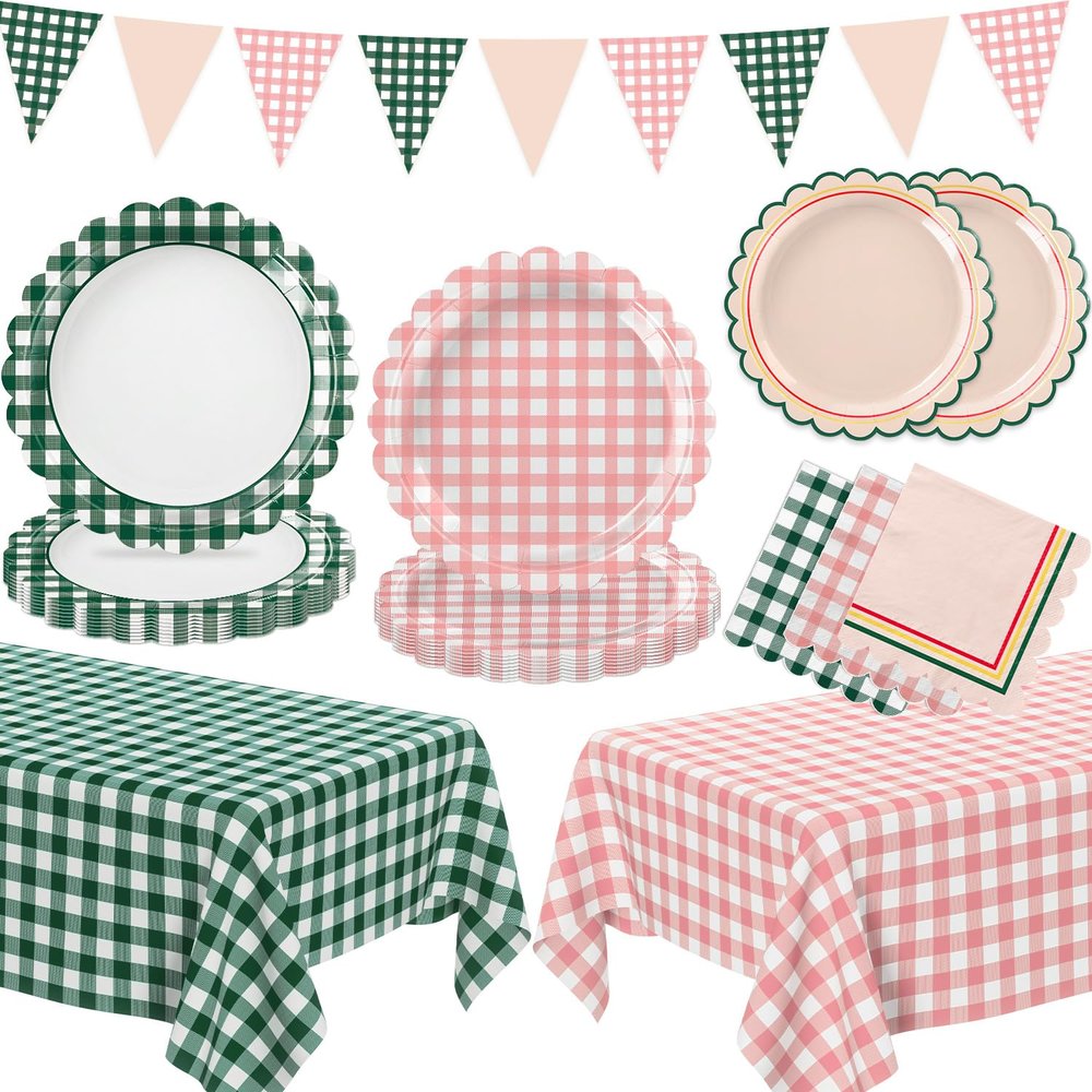 102 PCS Camp Bachelorette Decorations - Scalloped Gingham Plates, Napkins, Cups, Banner, Gingham Tablecloths for Baby Shower, Wedding, Birthday, Serves 25