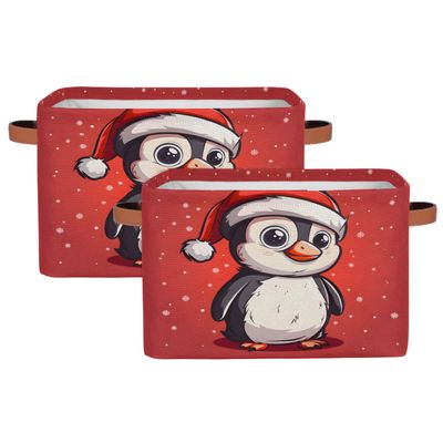Aglebo Snowflake Hat Penguin Storage Basket Foldable Storage Bins Fabric Organizer Basket with Handles Rectangle Closet Basket for Shelves Laundry Nursery Bedroom Basket, 15 x 11 x 9.5 in 2 Pack