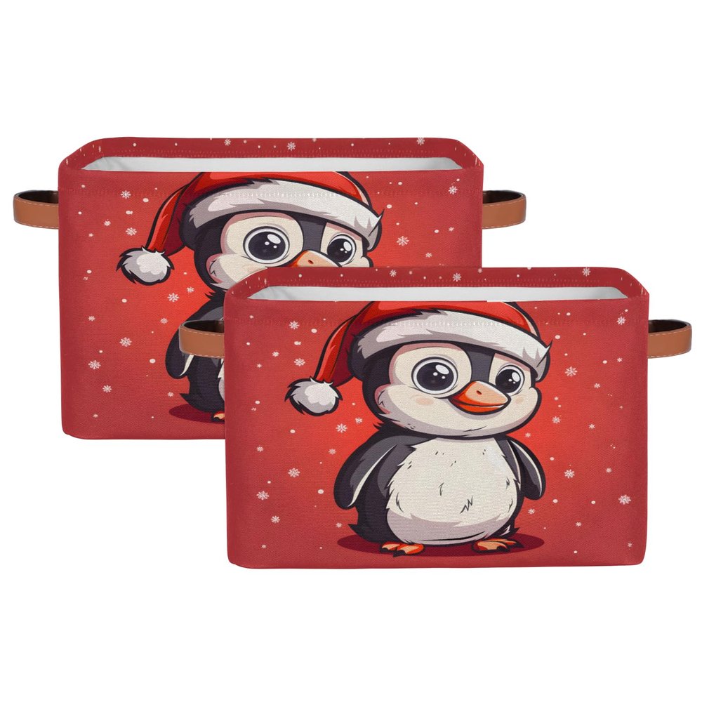 Aglebo Snowflake Hat Penguin Storage Basket Foldable Storage Bins Fabric Organizer Basket with Handles Rectangle Closet Basket for Shelves Laundry Nursery Bedroom Basket, 15 x 11 x 9.5 in 2 Pack