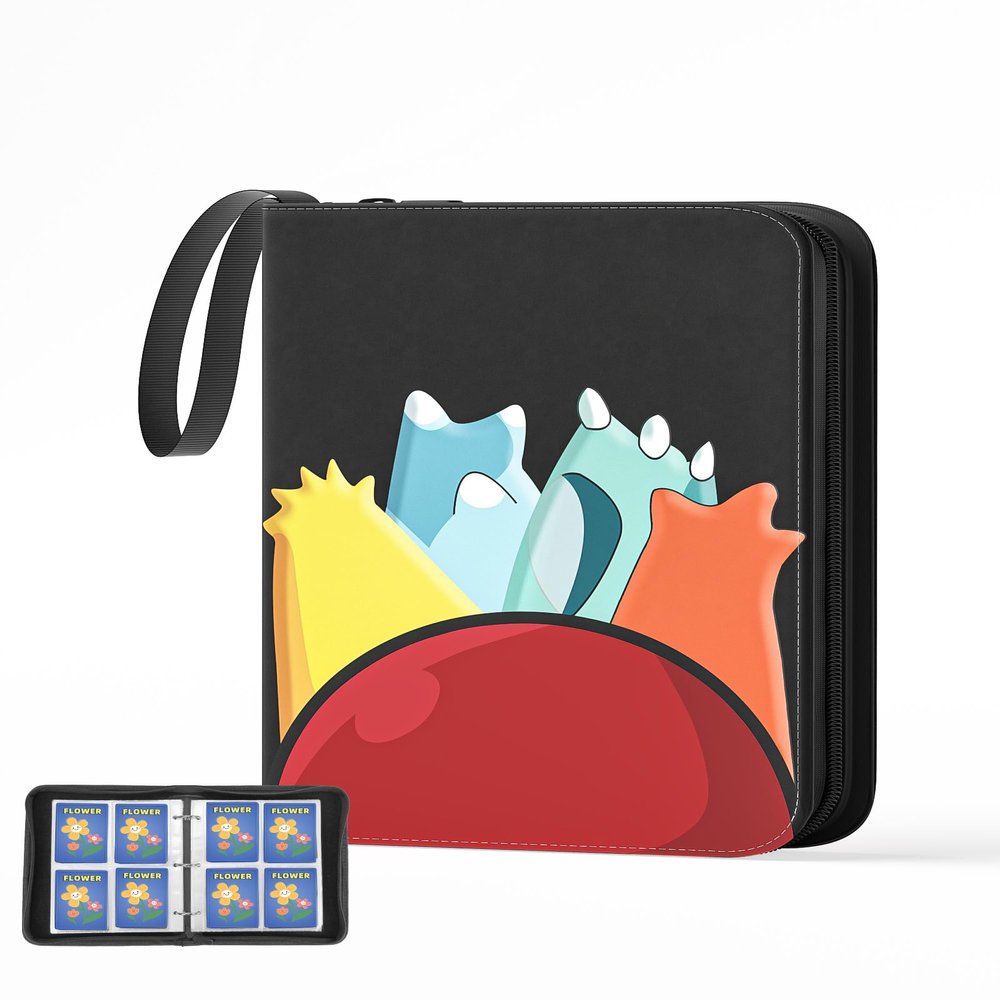 vhbw 4-Pocket Card Binder with 55 Removable Sleeves Holds 440 Trading Cards, Zippered Carrying Case with Wrist Strap, Portable 3-Ring Holder Album for Standard TCG & Sports Cards