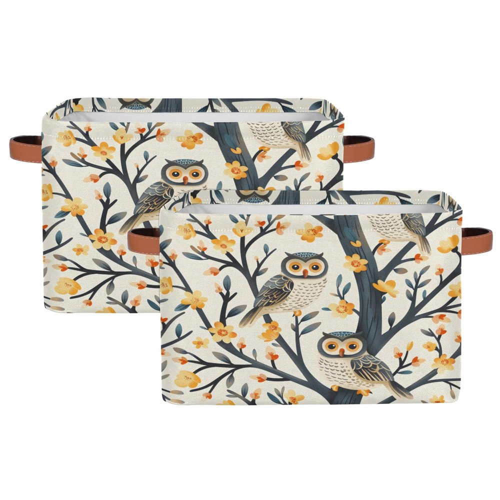 Aglebo Twig Owl Flower Storage Basket Foldable Storage Bins Fabric Organizer Basket with Handles Rectangle Closet Basket for Shelves Laundry Nursery Bedroom Basket, 15 x 11 x 9.5 in 2 Pack