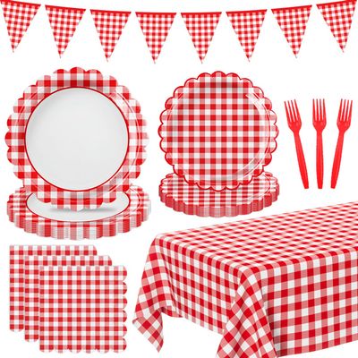 102 PCS Red Gingham Party Supplies - Christmas Scalloped Plates, Napkins, Cups, Forks, Banner, Gingham Tablecloth for Baby Shower, Birthday, Picnic Party Decorations, Serves 25